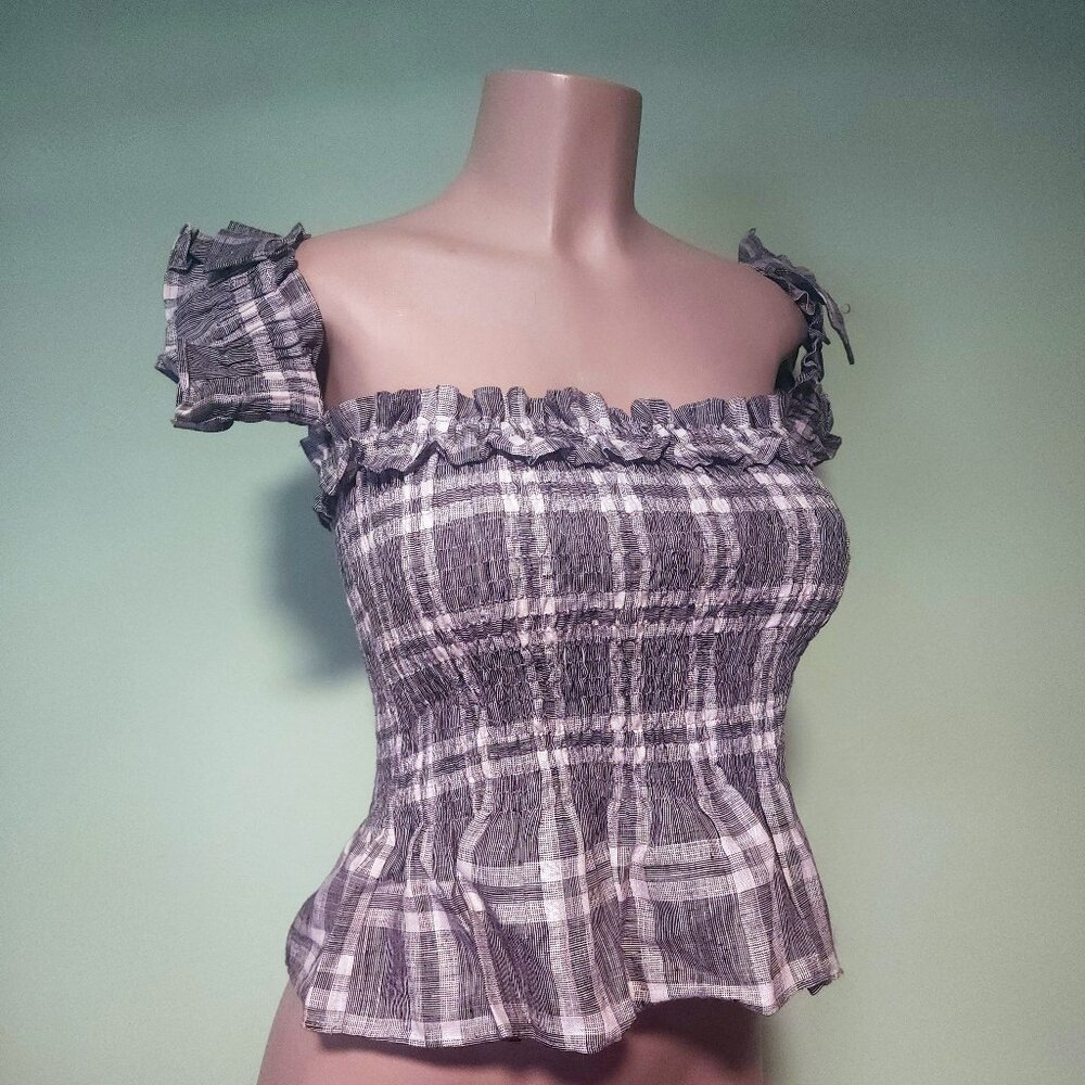 Deadstock Off The Shoulder Dolls Kill Grey, Black, and White Plaid Ruffled Top
